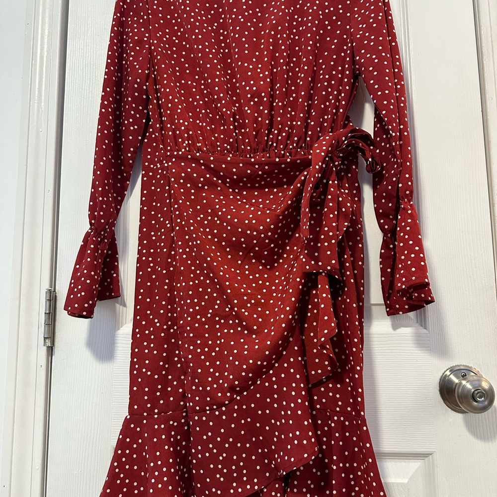 Red Ruffled Wrap Dress with Long Cuffed Sleeves